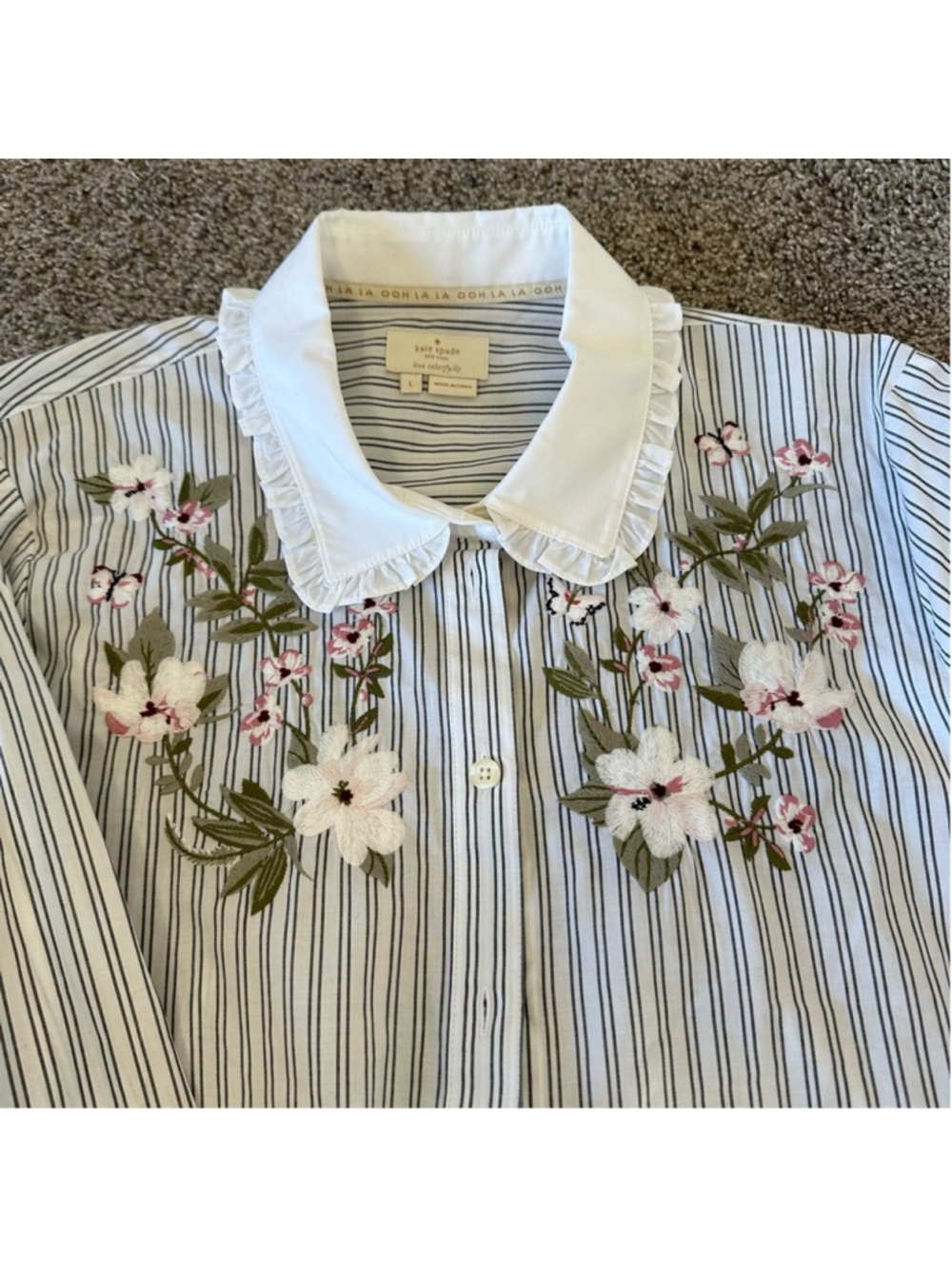 Kate Spade Embroidered Stripe Ruffle Top Size Large Botanical Ruffle Collar - Picture 7 of 11